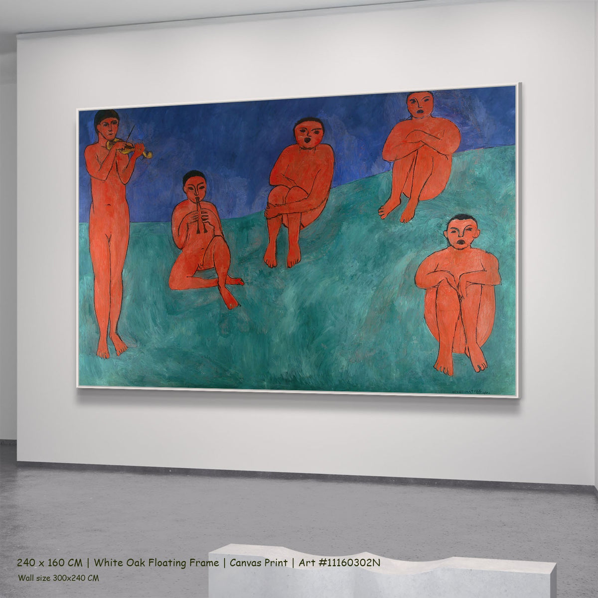 Music by Henri Matisse in a white oak floating frame, large red and green Fauvist canvas