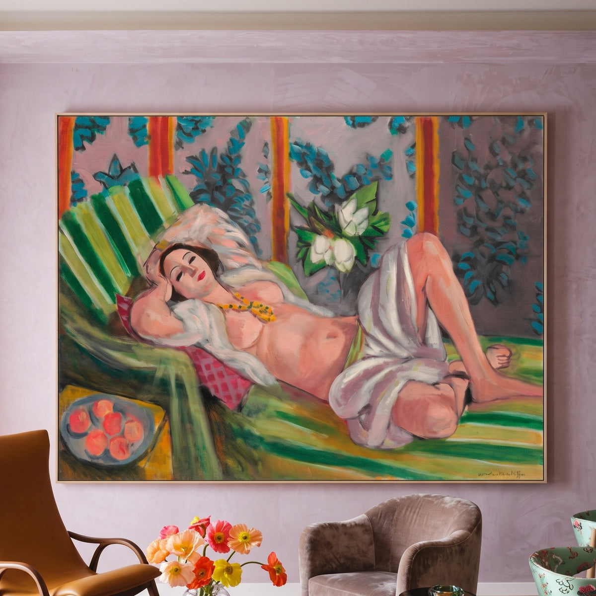 Odalisque aux magnolias by Henri Matisse — large pink and green Fauvist canvas art on a living room wall
