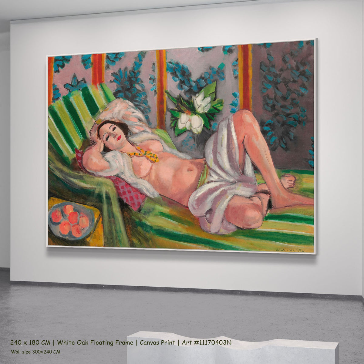 Odalisque aux magnolias by Henri Matisse in a white oak floating frame, large pink and green Fauvist canvas
