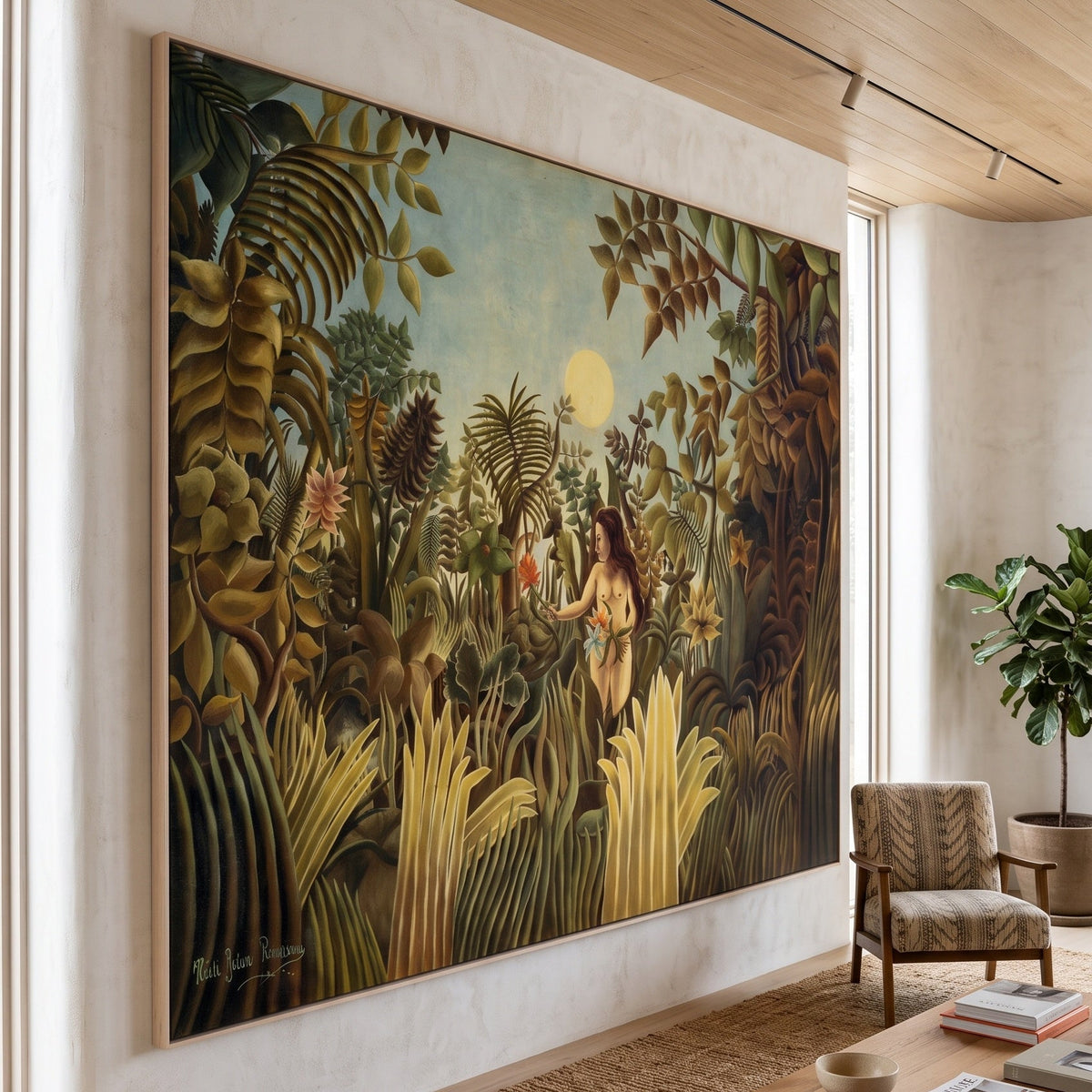Eve by Henri Rousseau — large gold and olive Jungle canvas art displayed on a wall