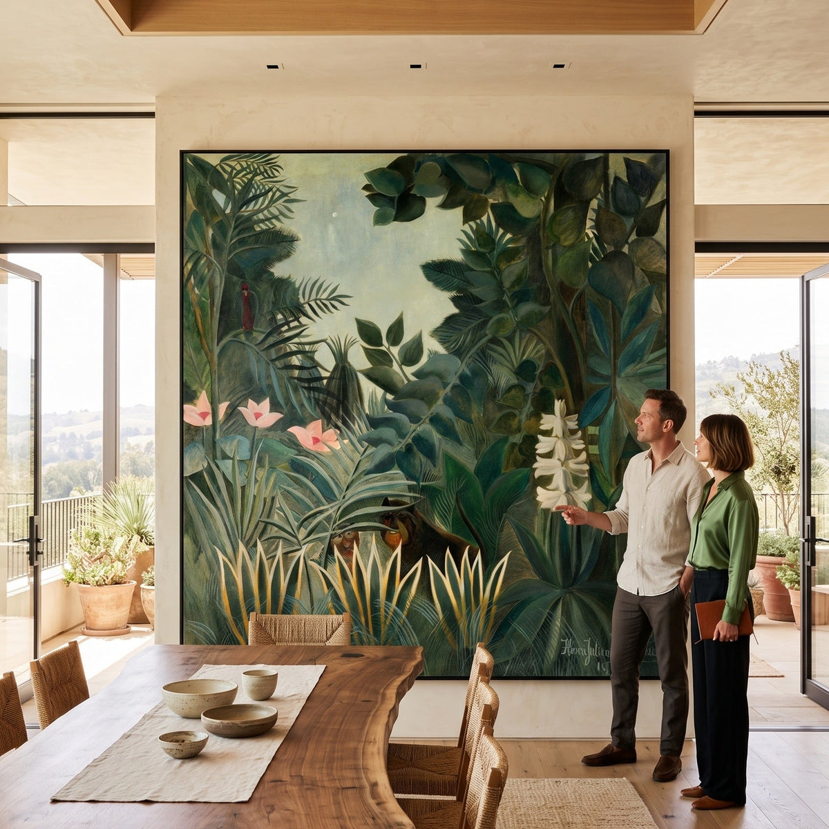 The Equatorial Jungle by Henri Rousseau — large green and olive Jungle canvas art displayed on a wall