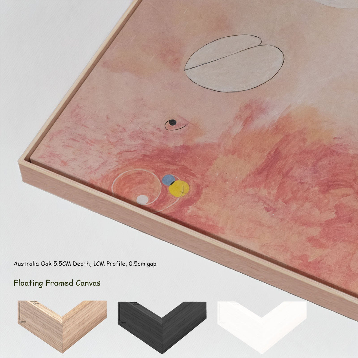 The Ten Largest, No. 9, Old by Hilma af Klint in a floating frame, large pink and white Abstract canvas print