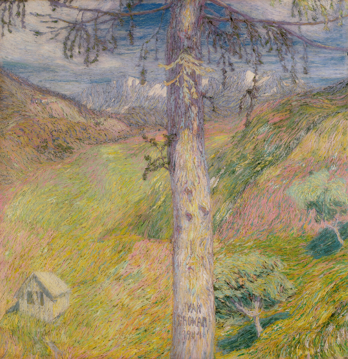 Large yellow and pink Impressionist canvas print of Larch by Ivan Grohar