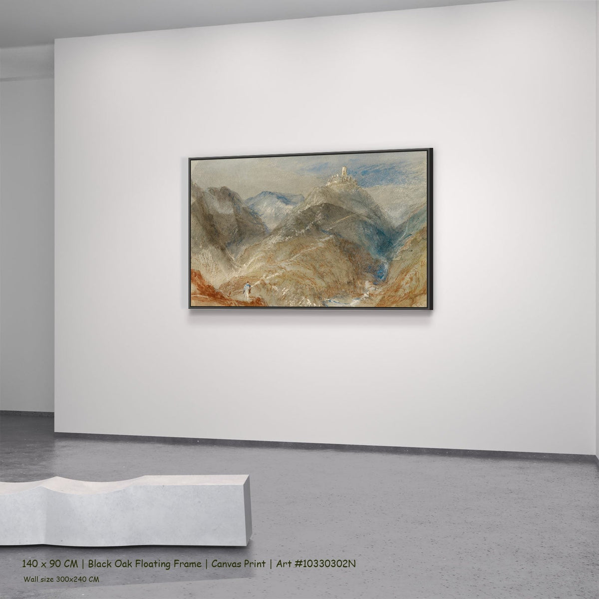 Castle on Height near Geneva by J.M.W. Turner in a black oak floating frame, large brown and grey Landscape canvas