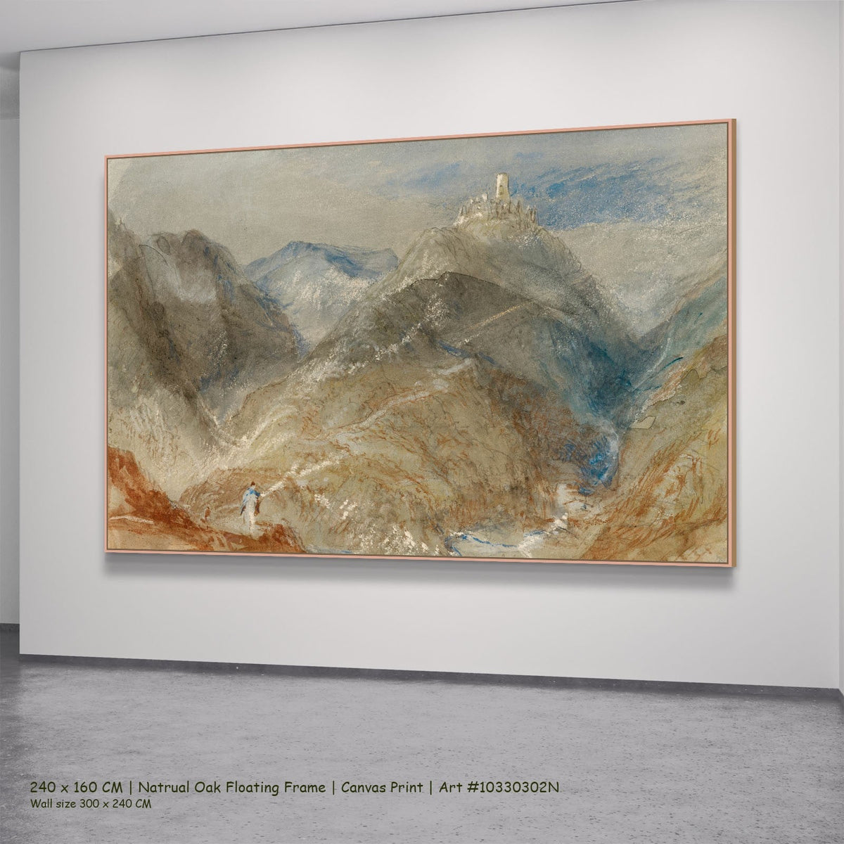 Castle on Height near Geneva by J.M.W. Turner in a natural oak floating frame, large brown and grey Landscape canvas
