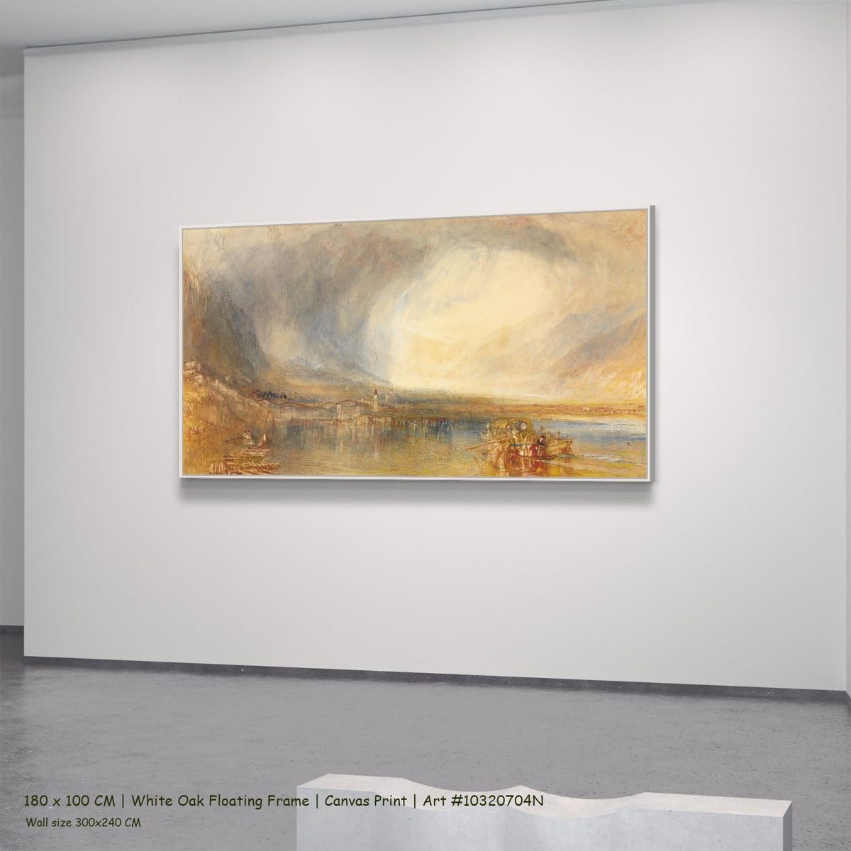 Flüelen, from the Lake of Lucerne by J.M.W. Turner in a white oak floating frame, large gold and grey Landscape canvas