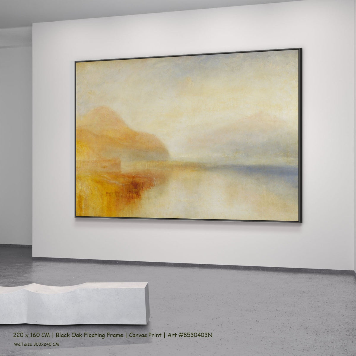J.M.W. Turner — Inverary Pier, Loch Fyne: Morning Coastal canvas wall art in a black oak floating frame, 160 × 120 cm