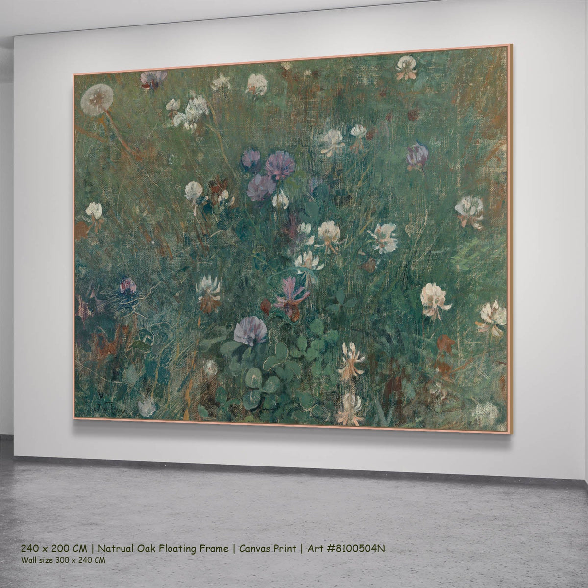 Jac van Looij — Blooming Clover Meadow canvas wall art in a natural oak floating frame, 240 × 200 cm