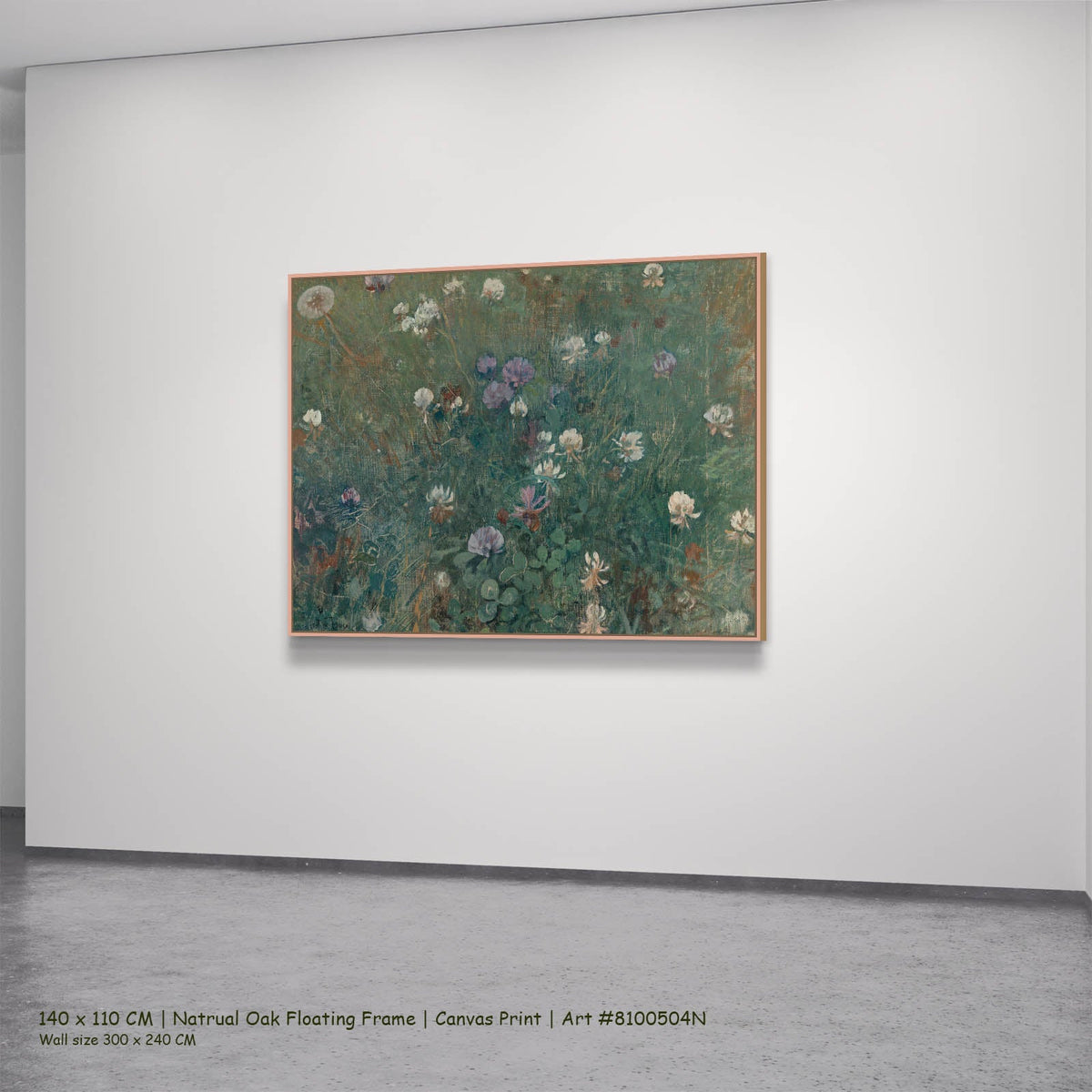 Jac van Looij — Blooming Clover Meadow canvas wall art in a natural oak floating frame, 140 × 110 cm