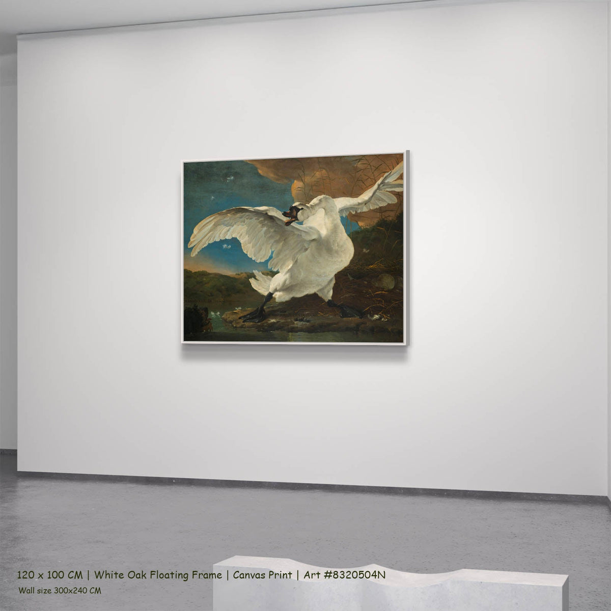Jan Asselijn — The Threatened Swan Wildlife canvas wall art in a white oak floating frame, 120 × 100 cm