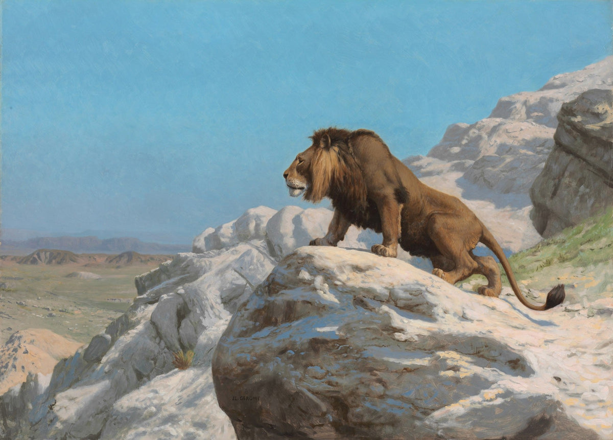 Large light blue and white Wildlife canvas print of Lion on the Watch by Jean-Leon Gerome