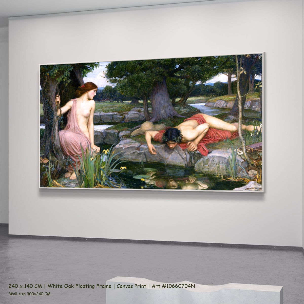 Echo and Narcissus by John William Waterhouse in a white oak floating frame, large green and red Pre-Raphaelite canvas