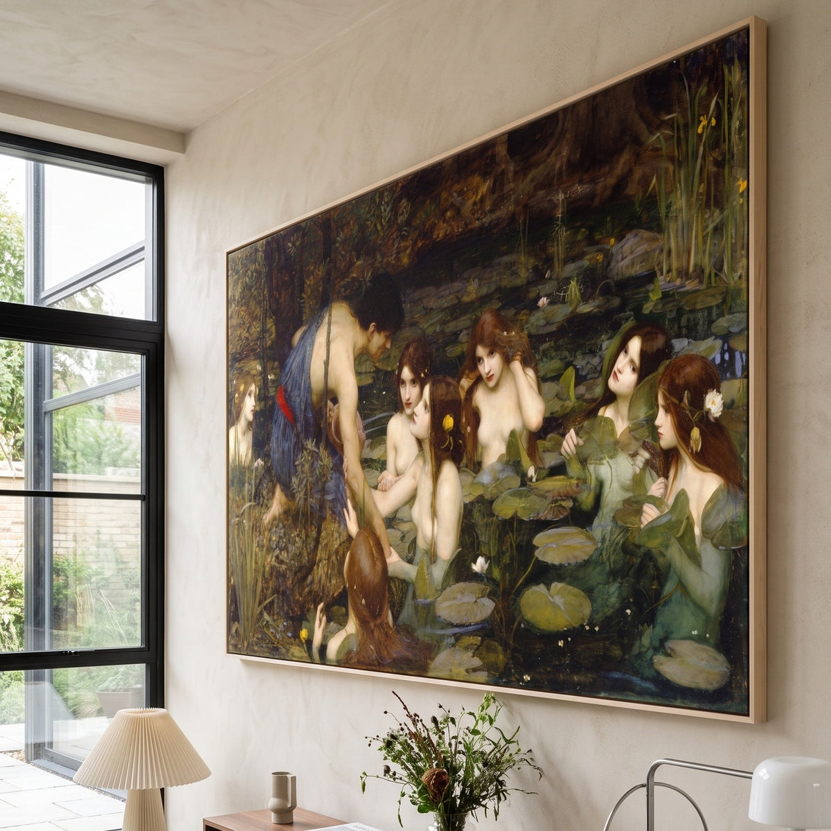 Hylas and the Nymphs by John William Waterhouse — large green and white Pre-Raphaelite canvas art on a living room wall