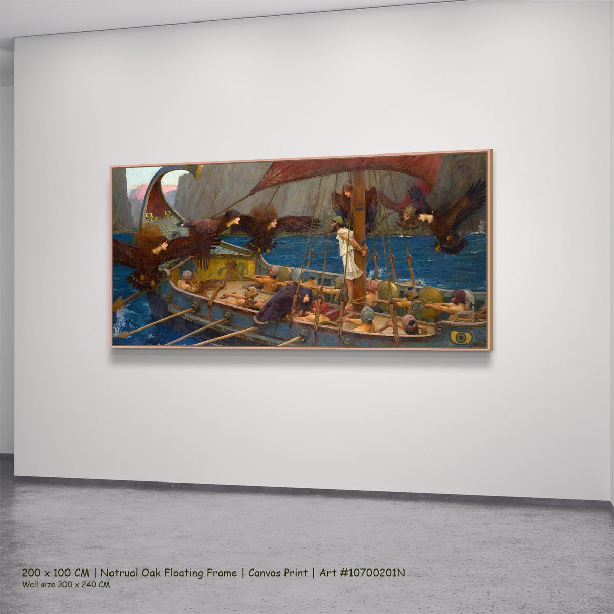 Ulysses and the Sirens by John William Waterhouse in a natural oak floating frame, large blue and brown Pre-Raphaelite canvas