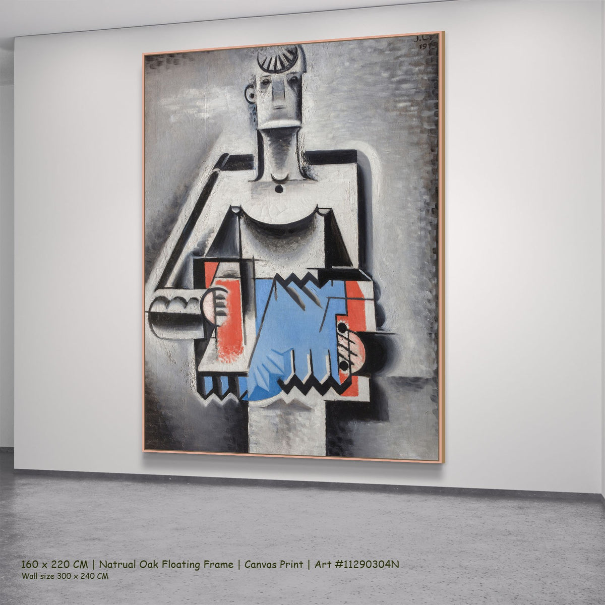 Accordion Player by Josef Capek in a natural oak floating frame, large blue and red Cubist canvas