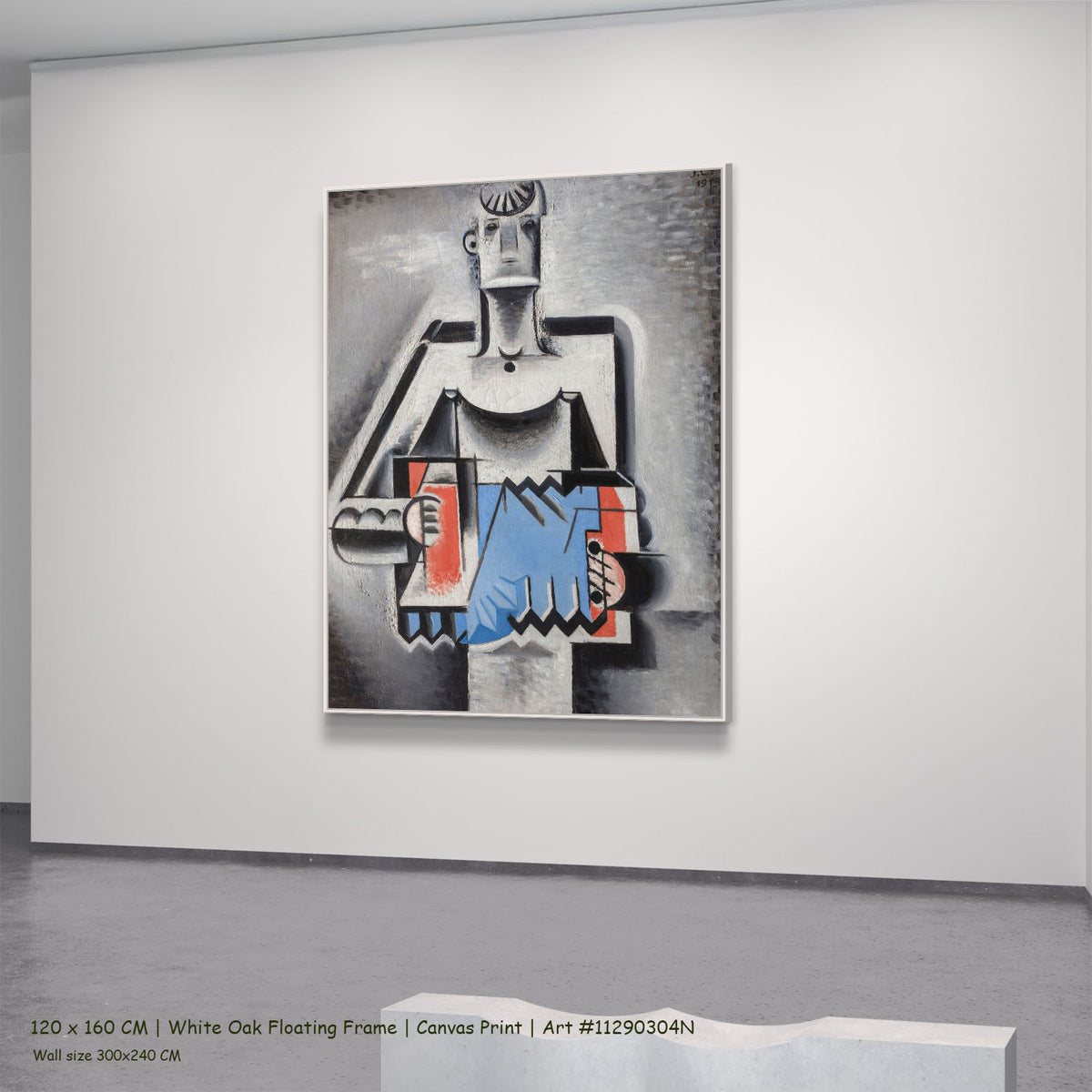Accordion Player by Josef Capek in a white oak floating frame, large blue and red Cubist canvas