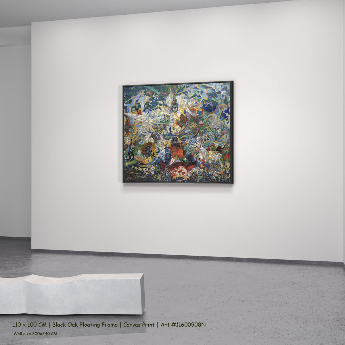Battle of Lights, Coney Island, Mardi by Joseph Stella in a black oak floating frame, large blue and green Futurist canvas