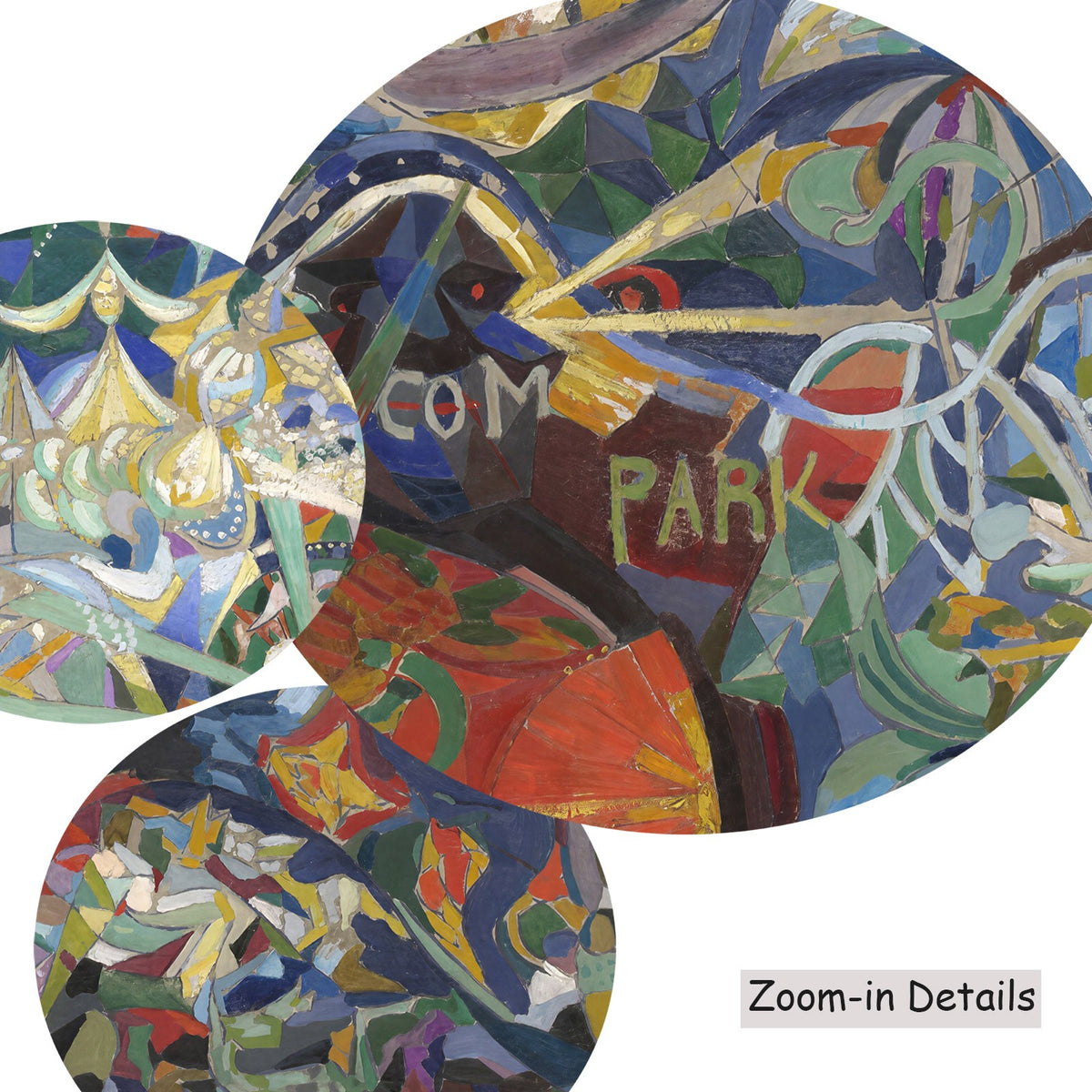 Joseph Stella — Close-up detail of the brushwork on Battle of Lights, Coney Island, Mardi, a large blue and green…