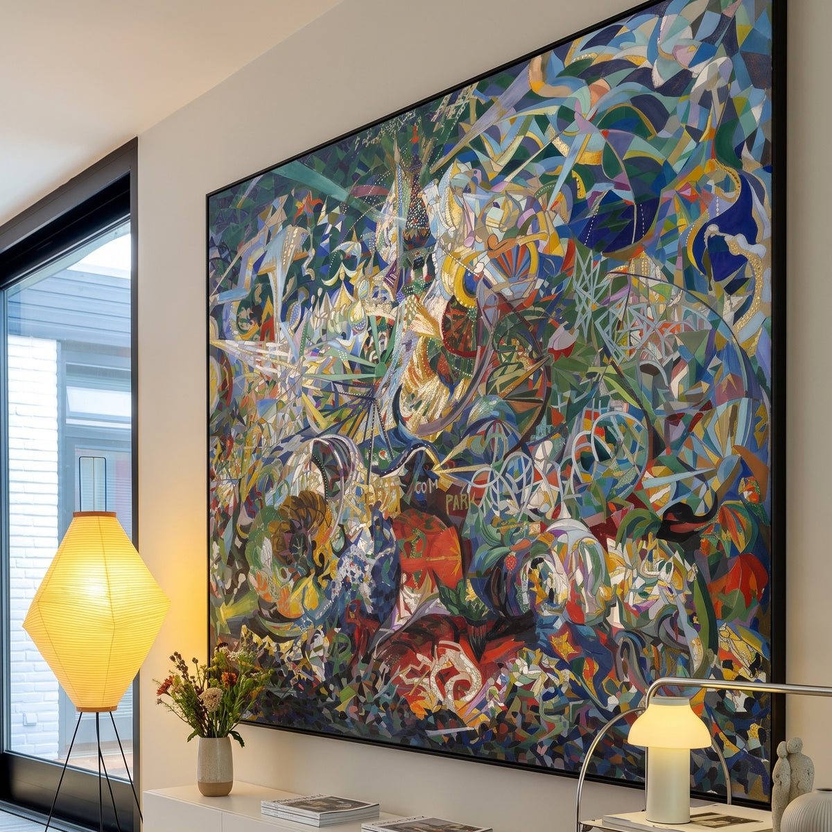 Battle of Lights, Coney Island, Mardi by Joseph Stella — large blue and green Futurist canvas art on a living room wall