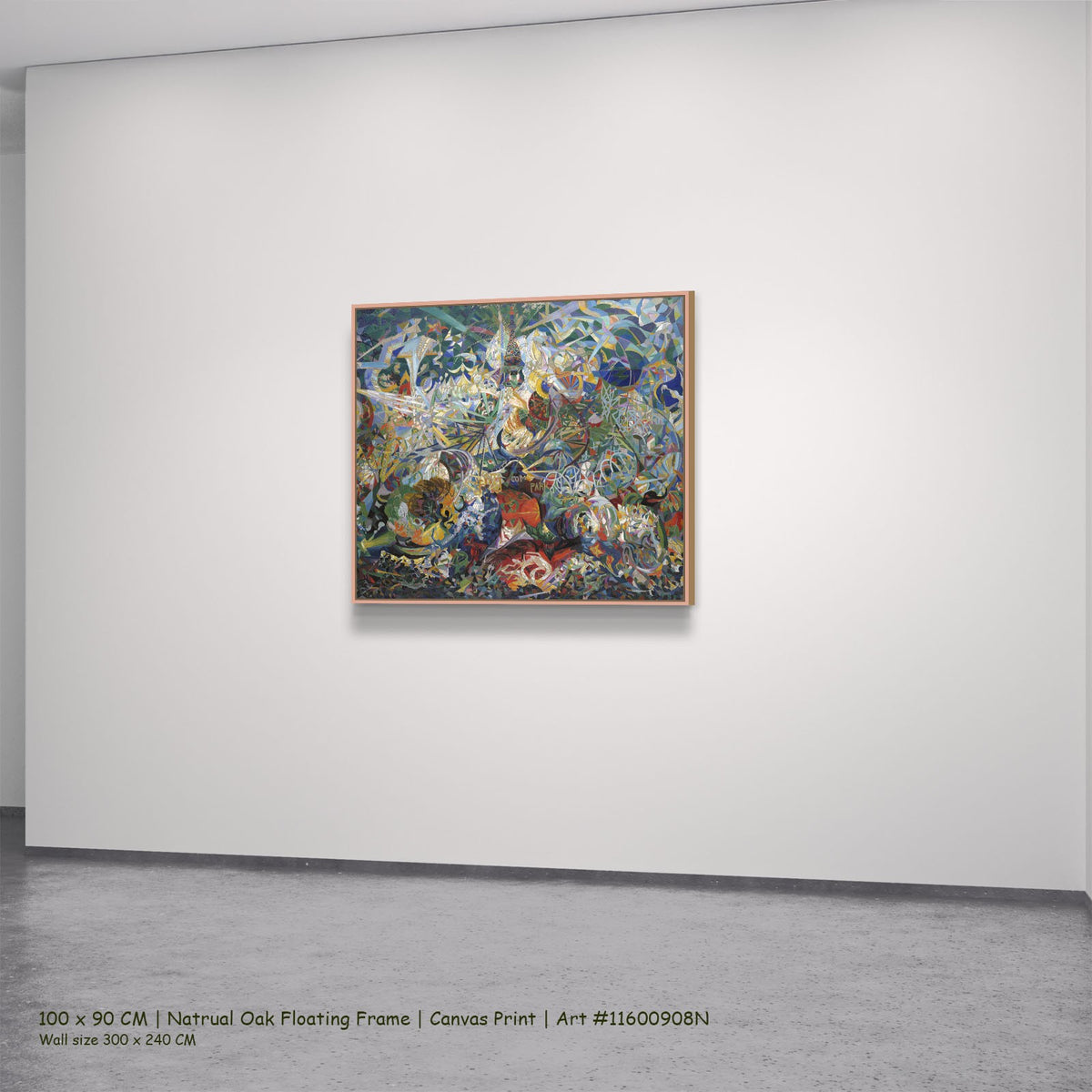 Battle of Lights, Coney Island, Mardi by Joseph Stella in a natural oak floating frame, large blue and green Futurist canvas