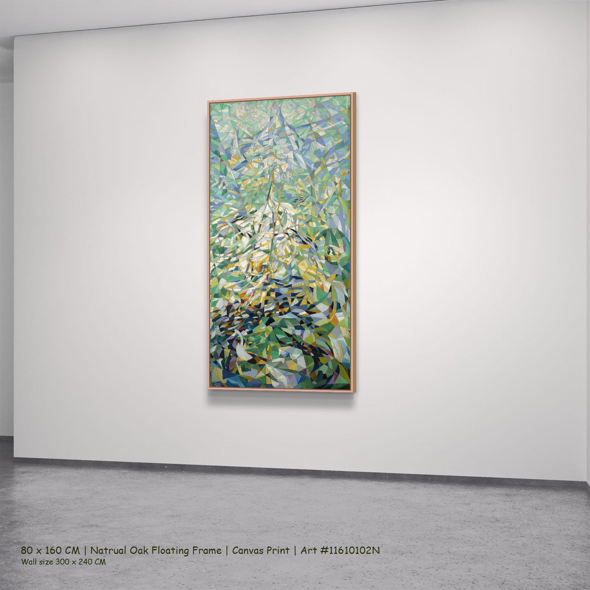 Spring by Joseph Stella in a natural oak floating frame, large green and blue Futurist canvas