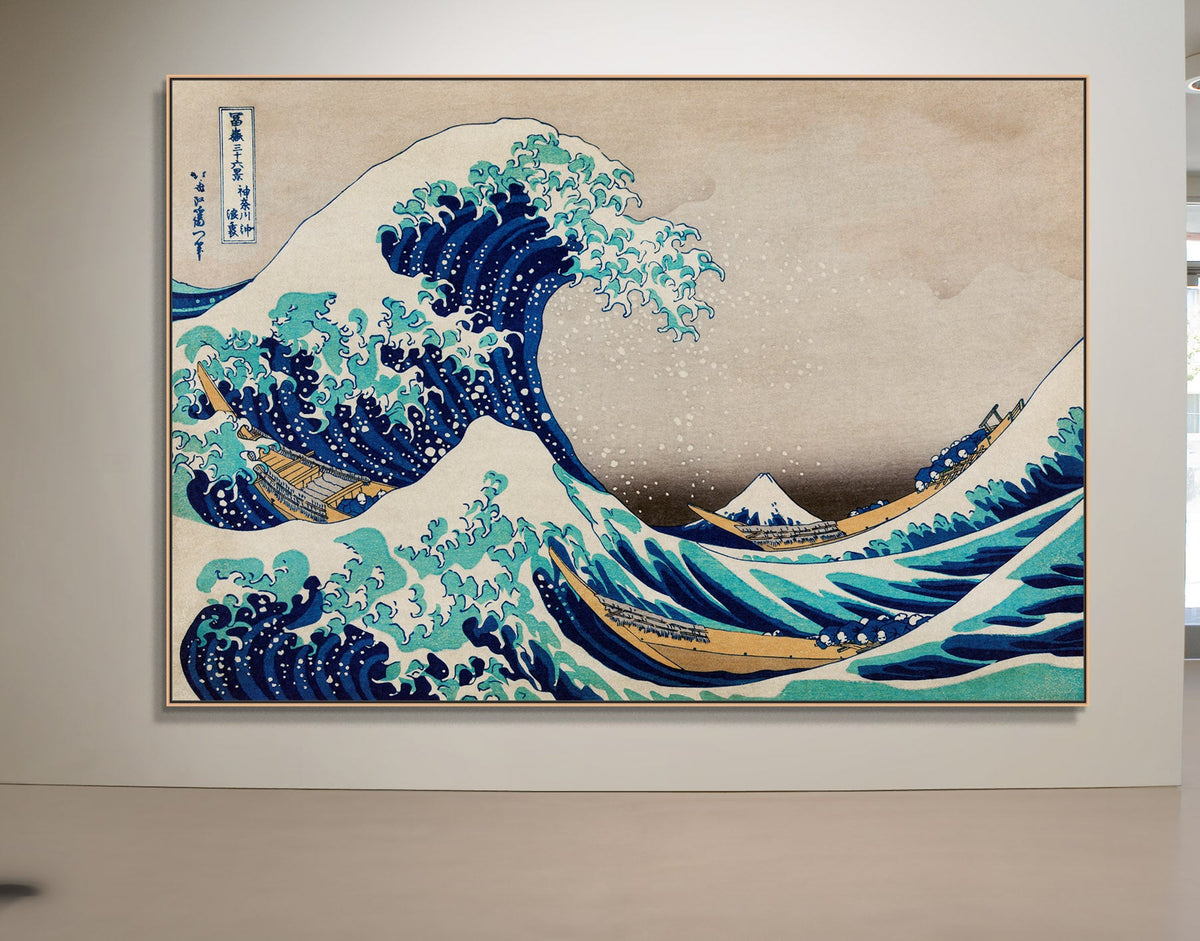 Katsushika Hokusai — The Great Wave Oversized Japanese Seascape canvas wall art framed and hung on a wall