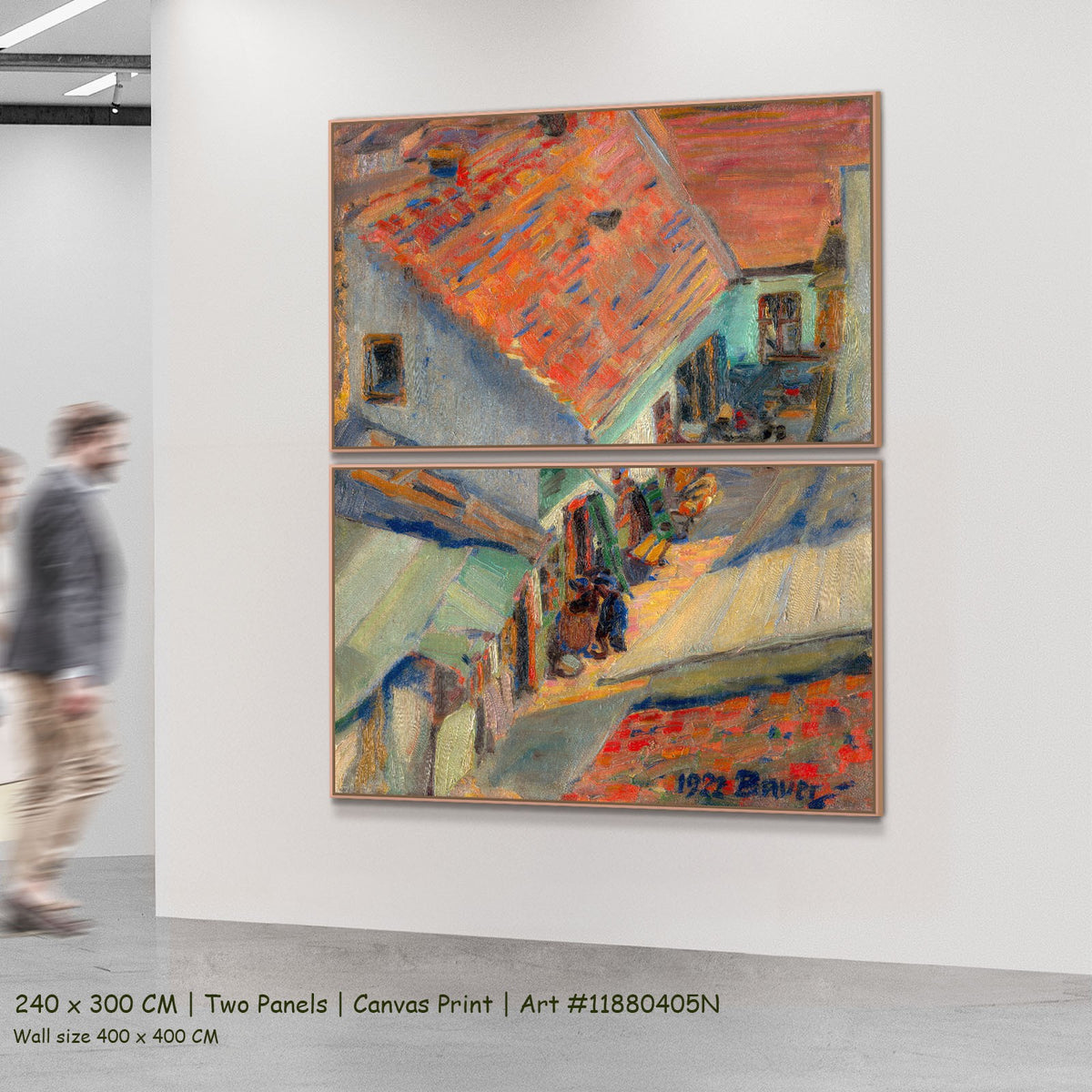 In front of the House by Konštantín Bauer as a large two-panel orange and grey Expressionist canvas set