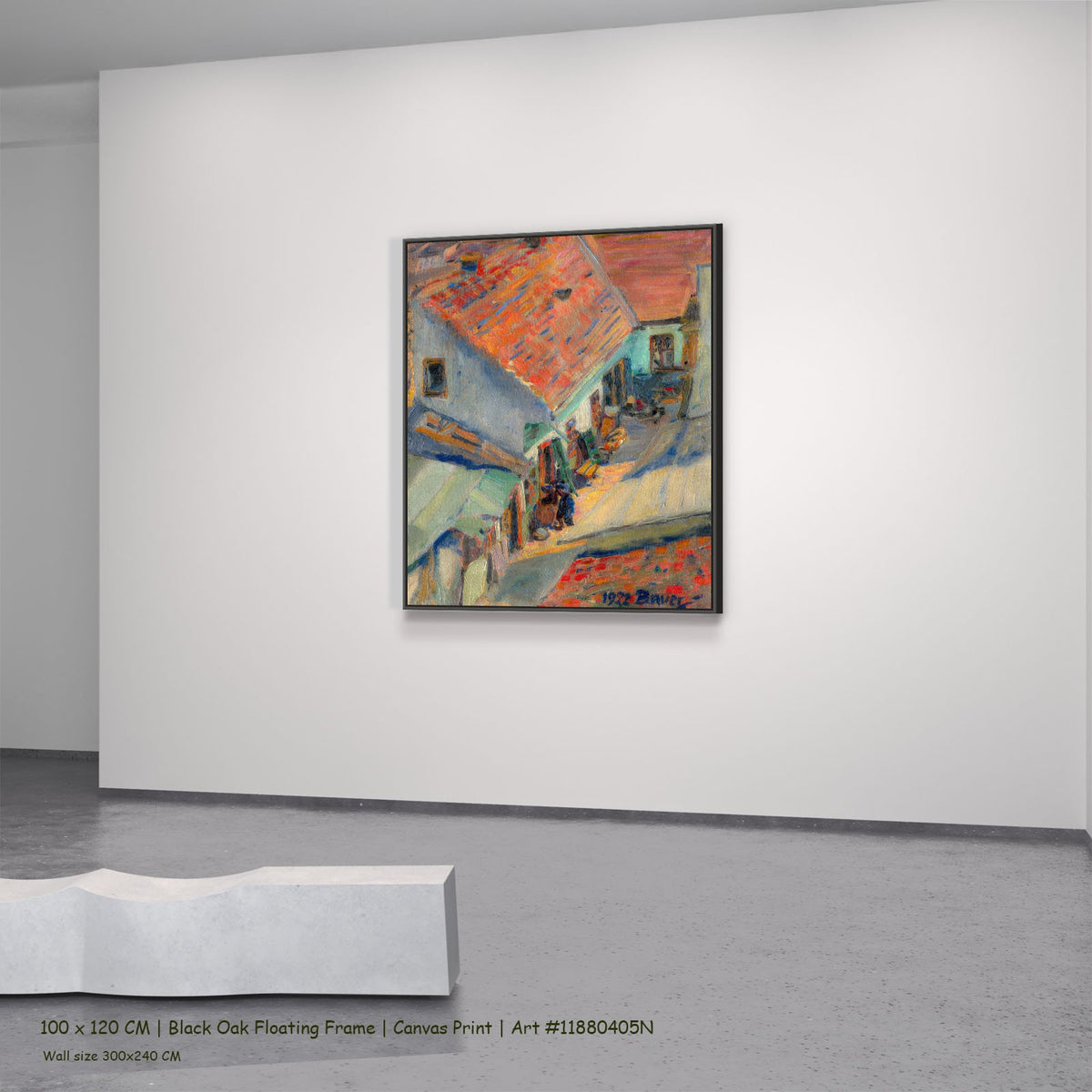 In front of the House by Konštantín Bauer in a black oak floating frame, large orange and grey Expressionist canvas