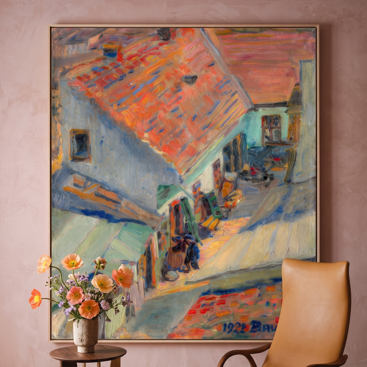 In front of the House by Konštantín Bauer — large orange and grey Expressionist canvas art on a living room wall