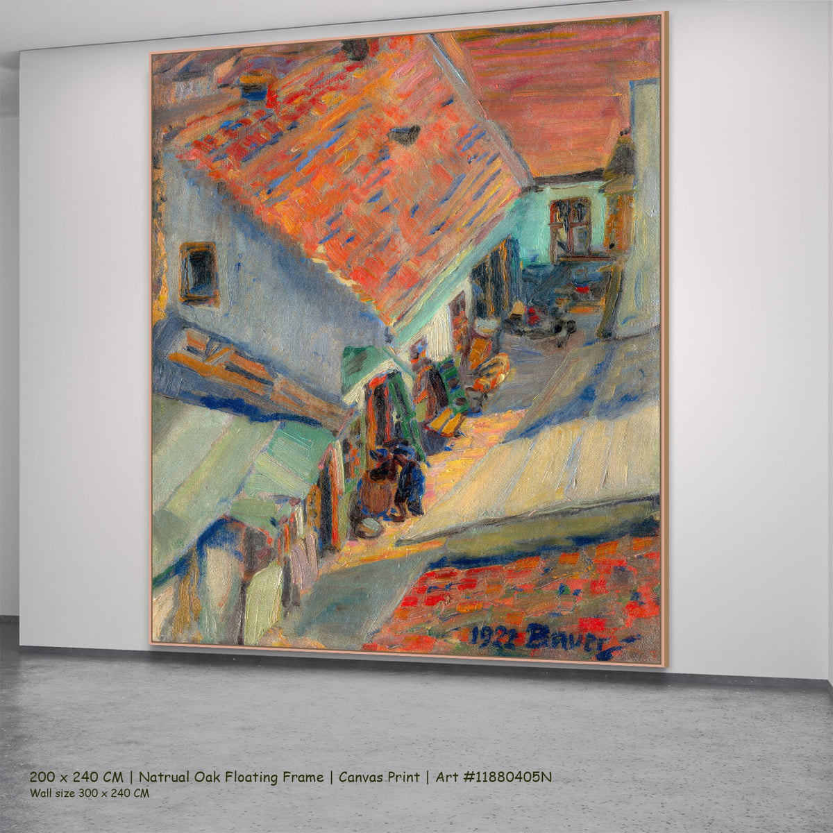 In front of the House by Konštantín Bauer in a natural oak floating frame, large orange and grey Expressionist canvas