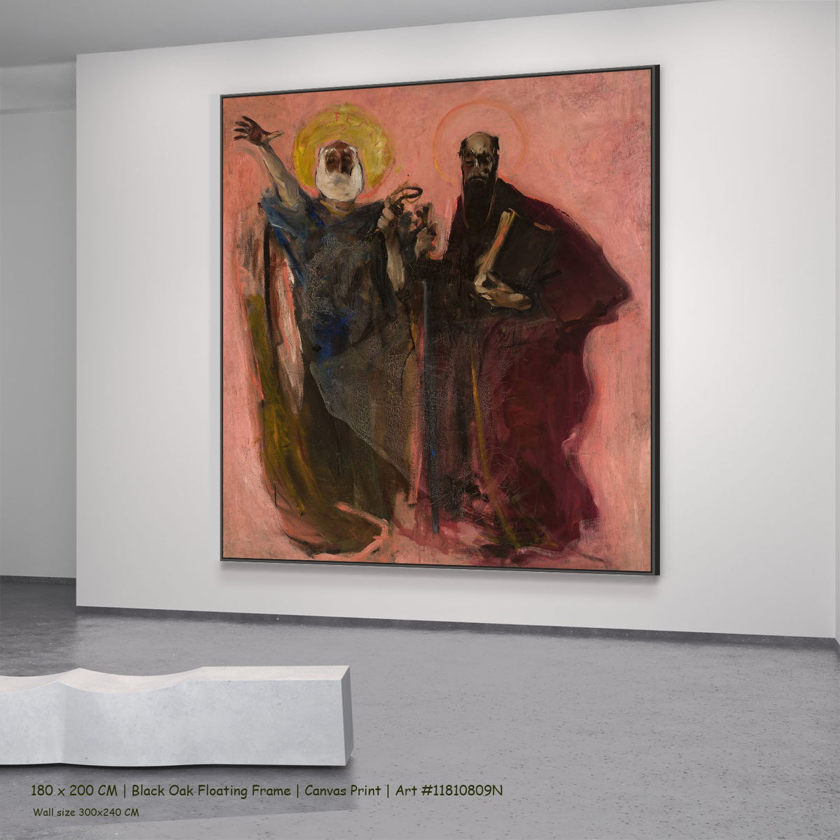 Apostles Peter and Paul, sketch by Konrad Krzyżanowski in a black oak floating frame, large pink and black Symbolist canvas