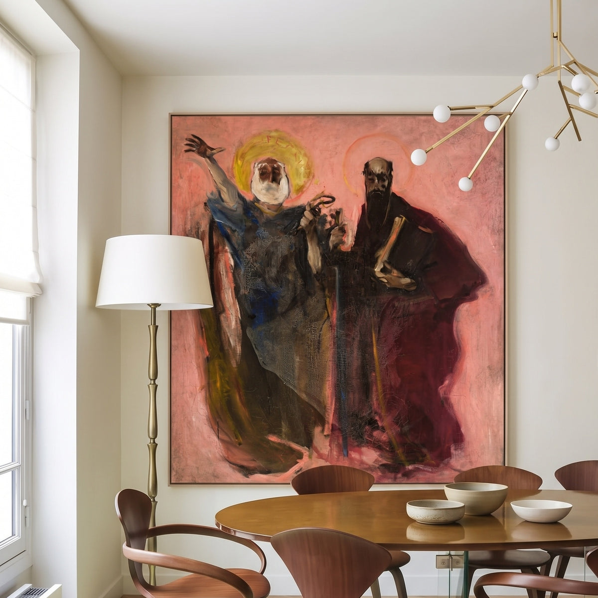 Apostles Peter and Paul, sketch by Konrad Krzyżanowski — large pink and black Symbolist canvas art displayed on a wall