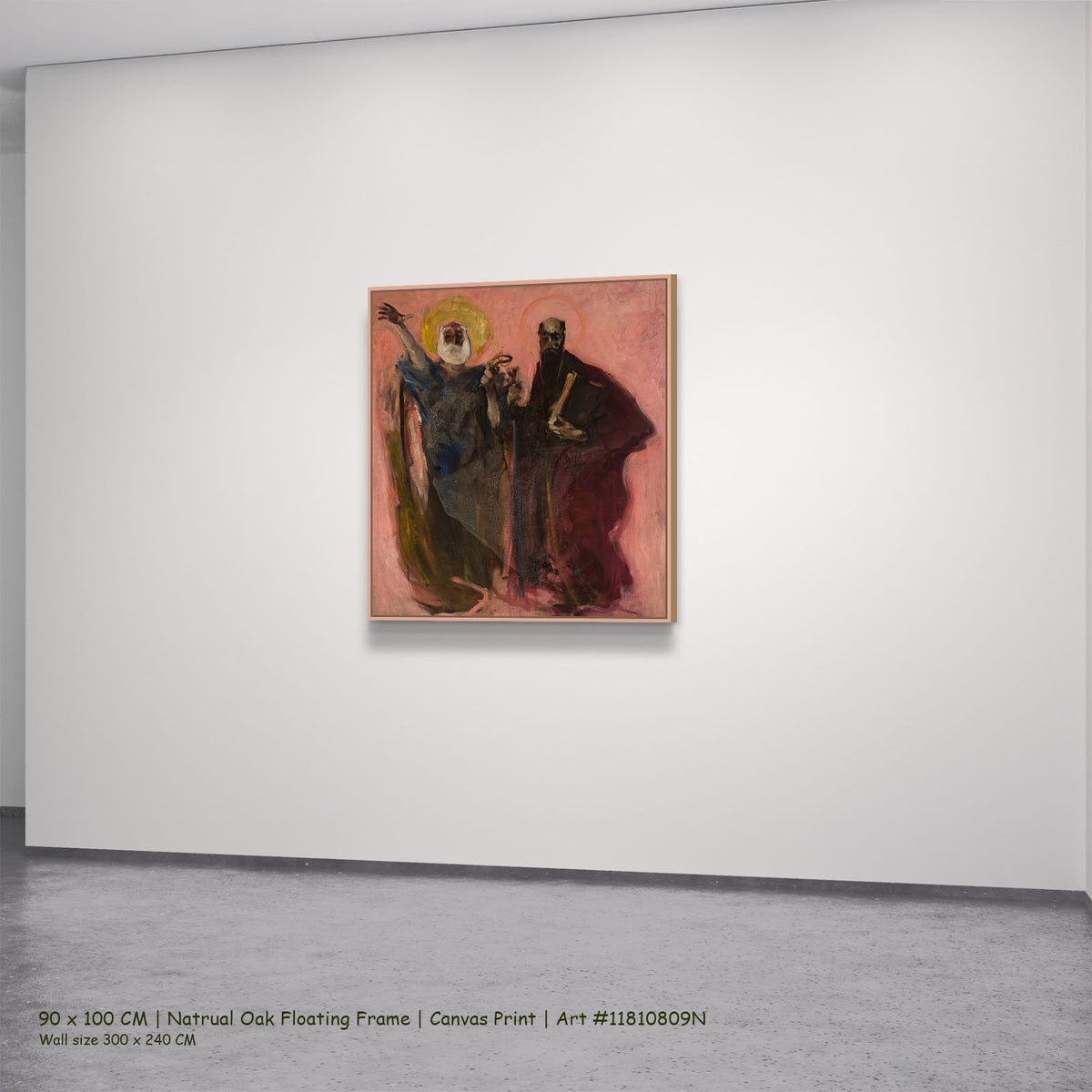 Apostles Peter and Paul, sketch by Konrad Krzyżanowski in a natural oak floating frame, large pink and black Symbolist canvas