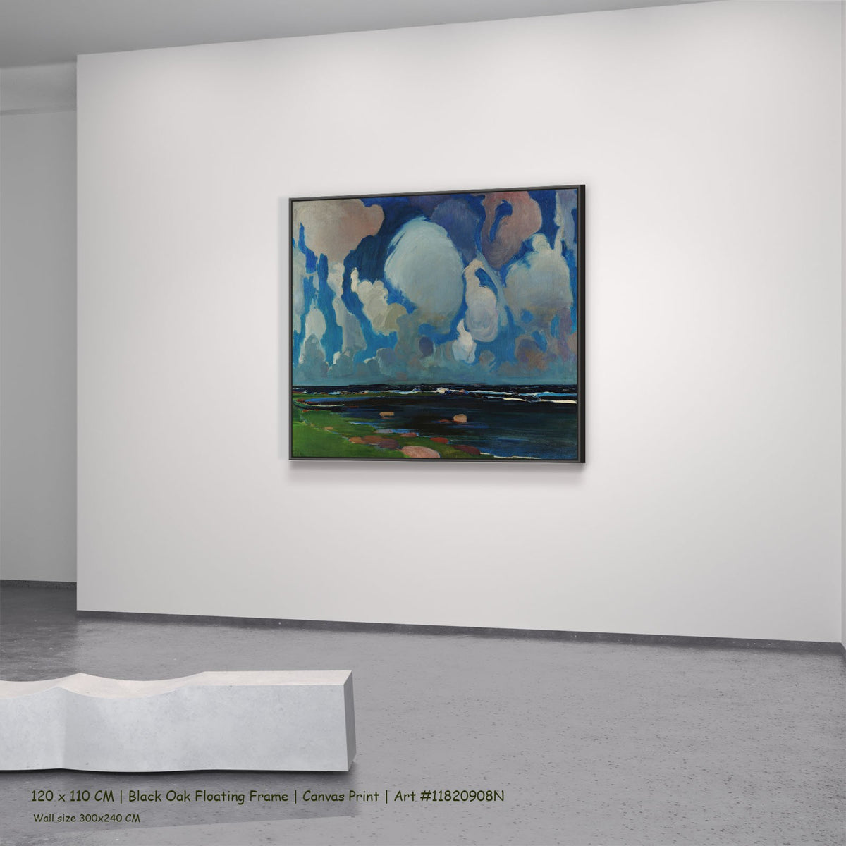 Clouds in Finland by Konrad Krzyżanowski in a black oak floating frame, large blue and white Expressionist canvas