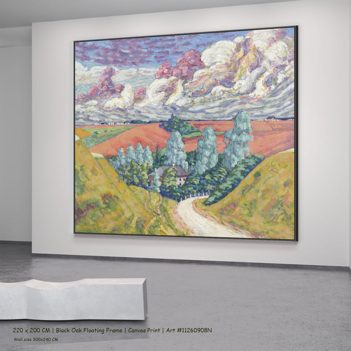 On the Road from Viljandi to by Konrad Mägi in a black oak floating frame, large pink and olive Landscape canvas