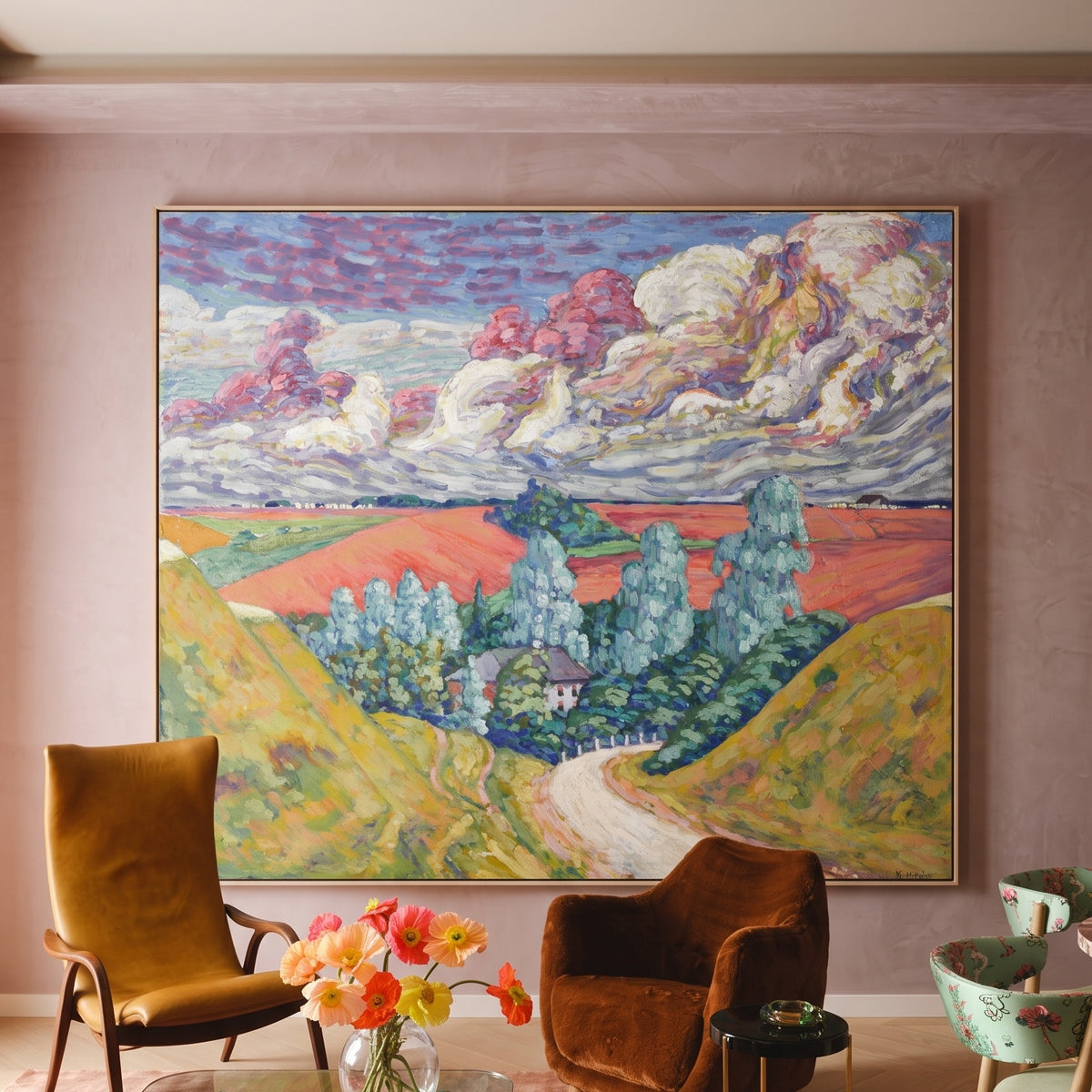 On the Road from Viljandi to by Konrad Mägi — large pink and olive Landscape canvas art on a living room wall