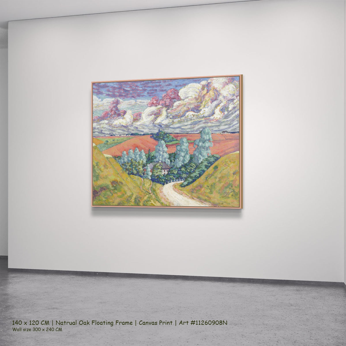On the Road from Viljandi to by Konrad Mägi in a natural oak floating frame, large pink and olive Landscape canvas