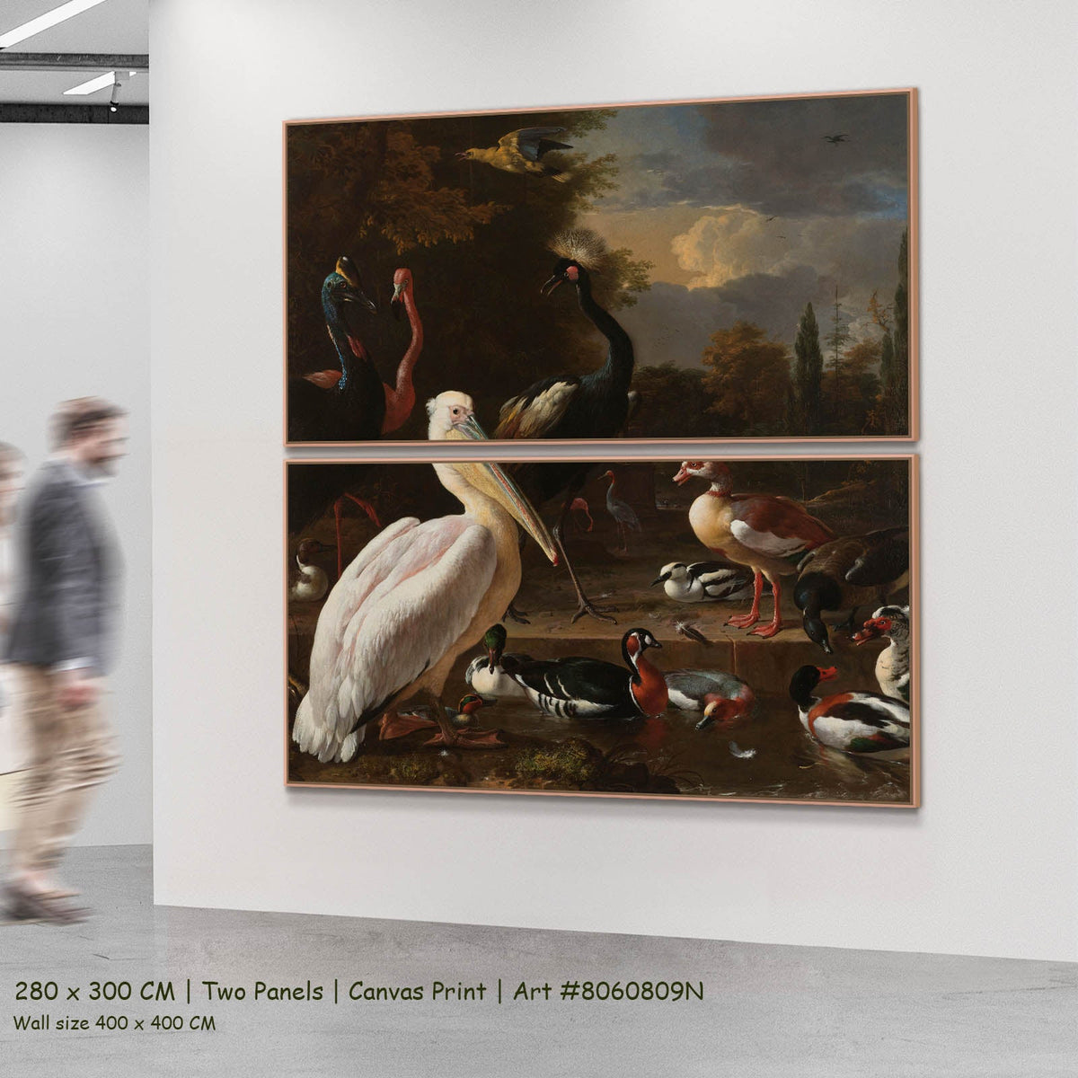 Melchior d'Hondecoeter — A Pelican & Other Birds (The Floating Feather) Wildlife two-panel canvas wall art set, 280 × 300 cm