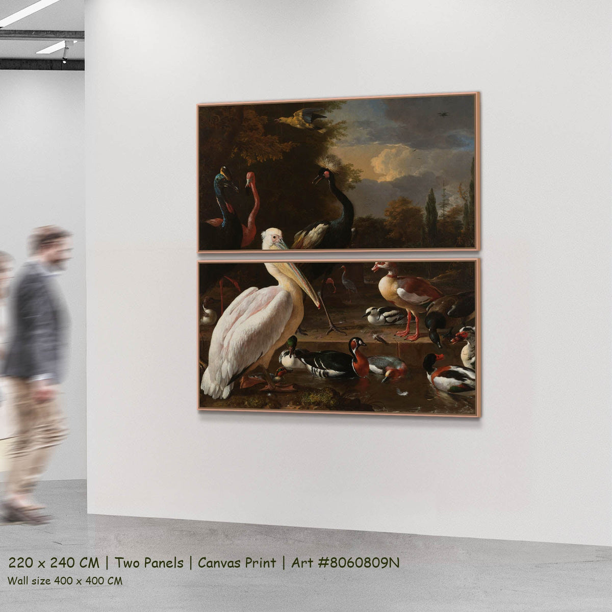 Melchior d'Hondecoeter — A Pelican & Other Birds (The Floating Feather) Wildlife two-panel canvas wall art set, 220 × 240 cm