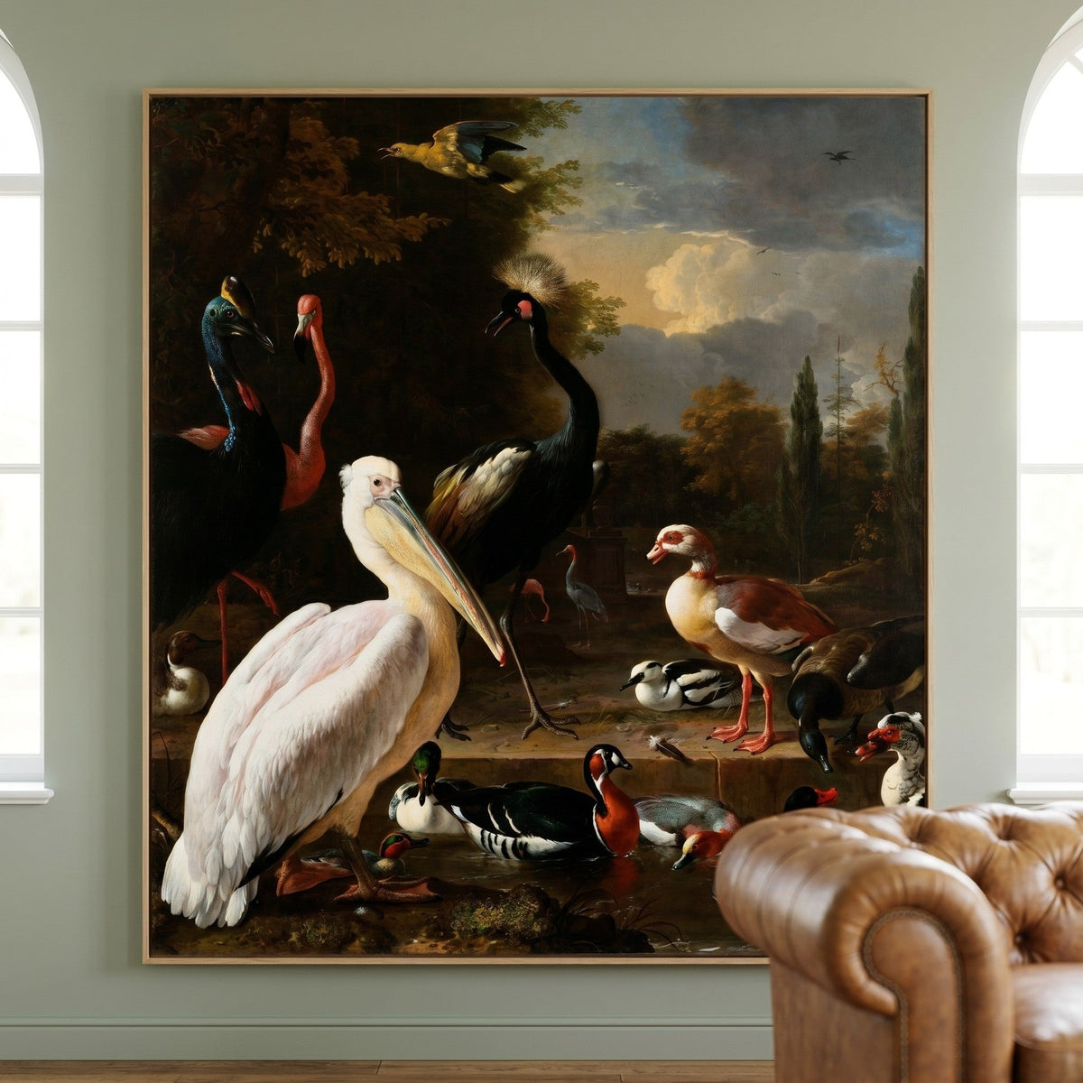 Melchior d'Hondecoeter — A Pelican & Other Birds (The Floating Feather) Tall Baroque Wildlife canvas wall art framed and…