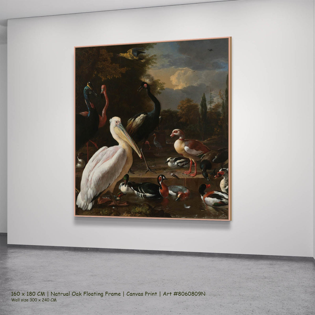 Melchior d'Hondecoeter — A Pelican & Other Birds (The Floating Feather) Wildlife canvas wall art in a natural oak…