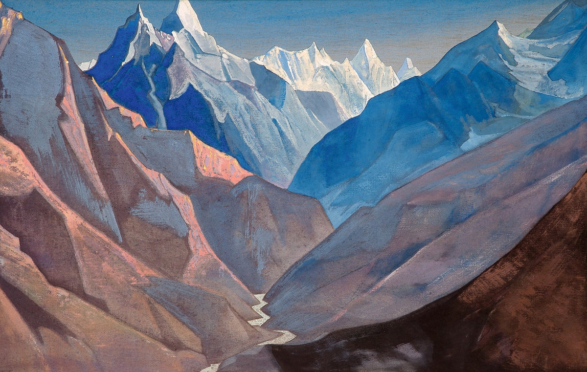 Large blue and brown Symbolist canvas print of Mount "M" by Nicholas Roerich