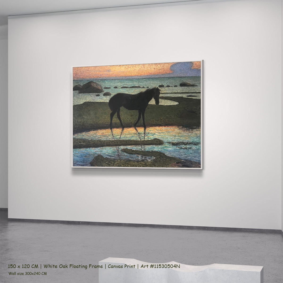 Horse on the beach by Nils Kreuger in a white oak floating frame, large orange and aqua Symbolist canvas