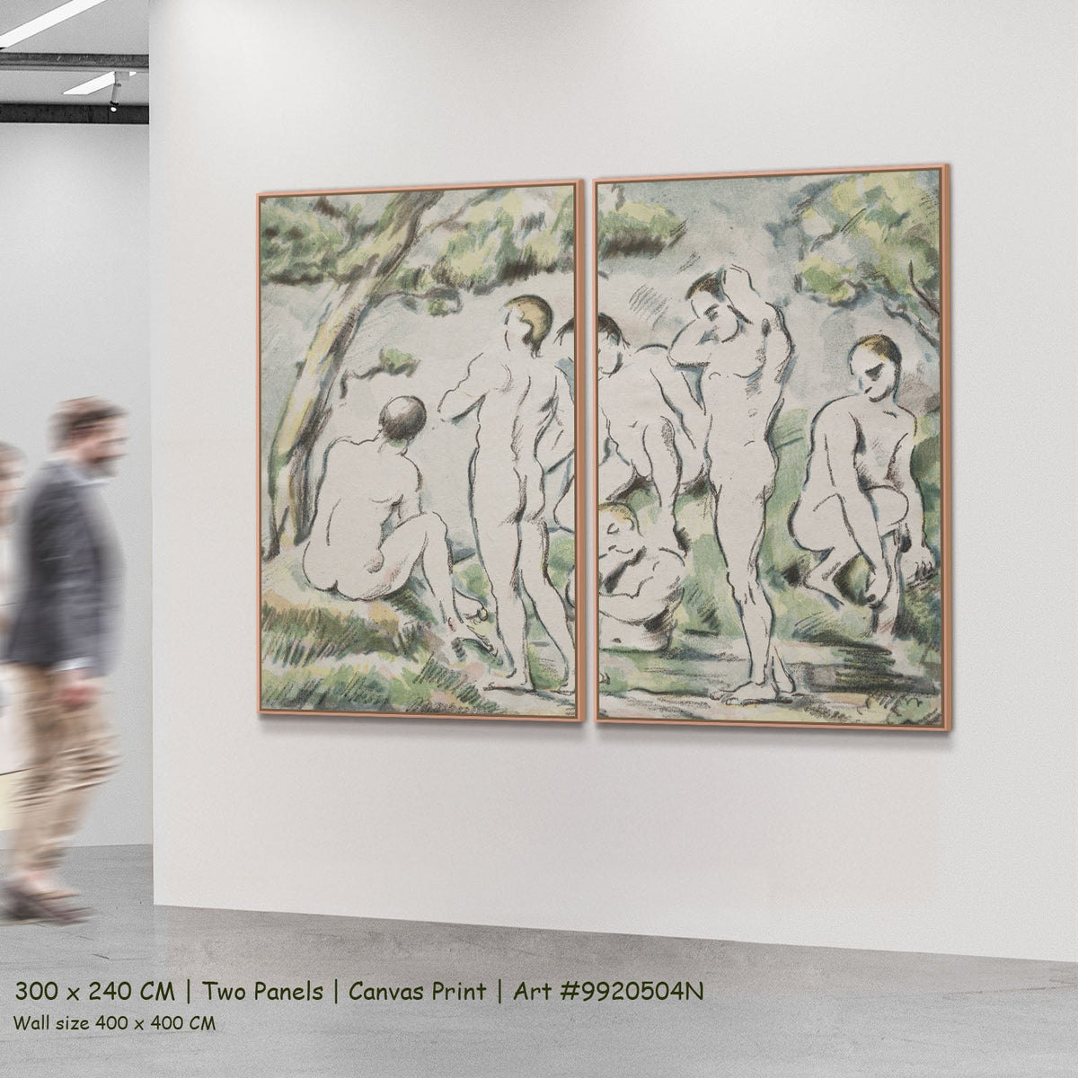 The Bathers by Paul Cezanne as a large two-panel green and white Impressionist canvas set