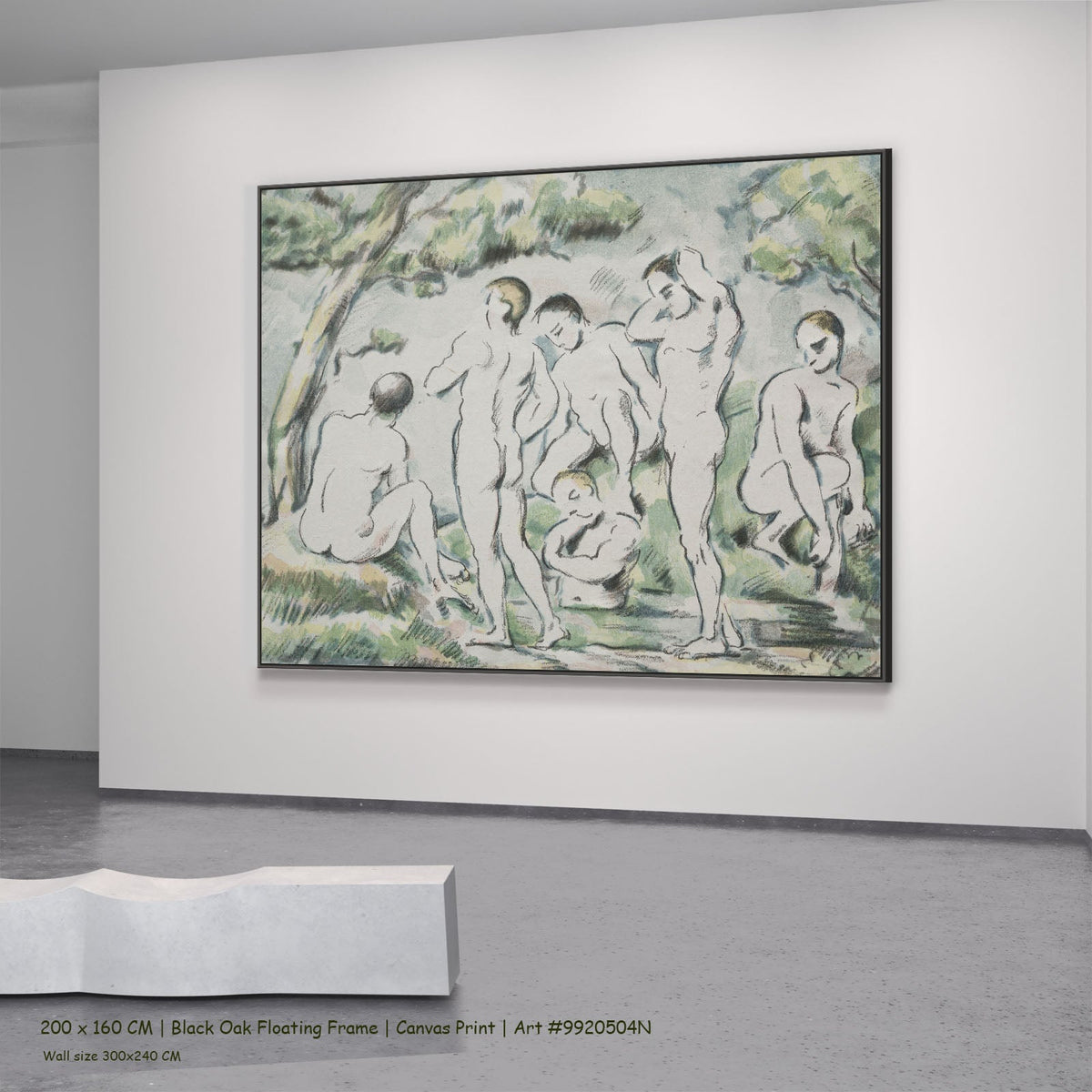 The Bathers by Paul Cezanne in a black oak floating frame, large green and white Impressionist canvas