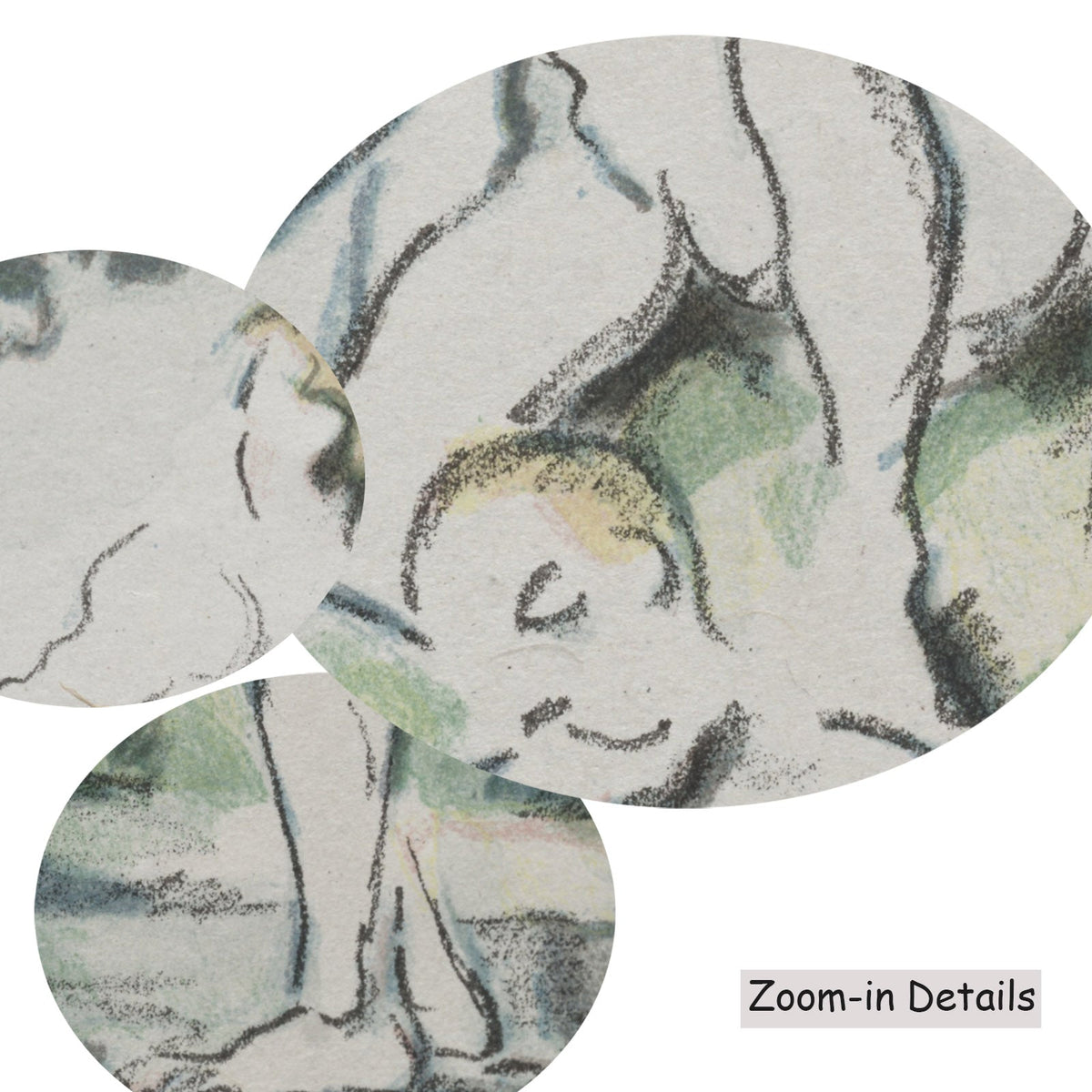 Close-up detail of the brushwork on The Bathers, a large green and white Impressionist canvas by Paul Cezanne