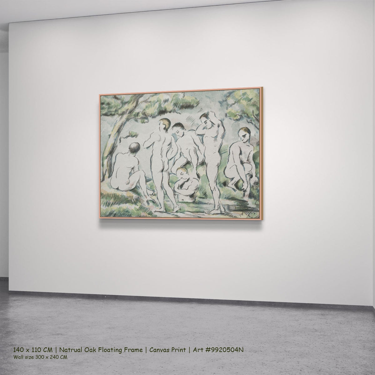 The Bathers by Paul Cezanne in a natural oak floating frame, large green and white Impressionist canvas