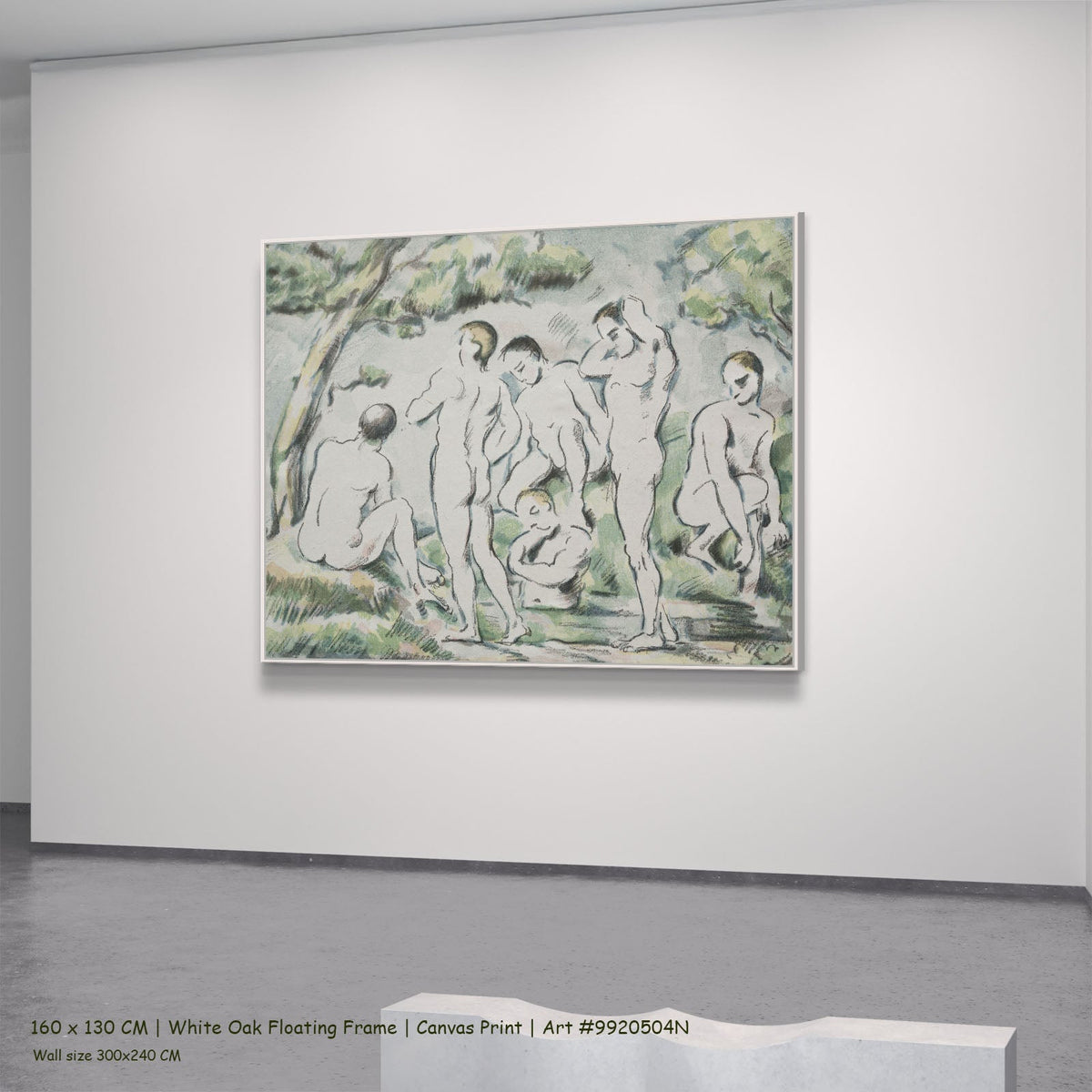 The Bathers by Paul Cezanne in a white oak floating frame, large green and white Impressionist canvas