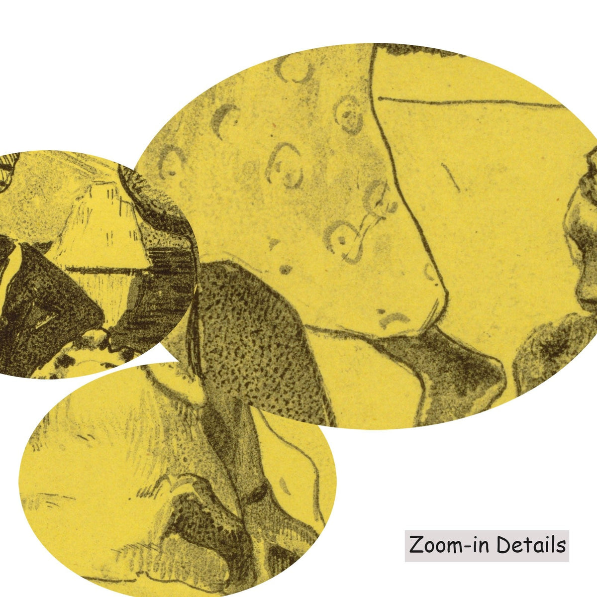 Close-up detail of the brushwork on The Grasshoppers and the Ants, a large yellow and black Symbolist canvas by Paul Gauguin