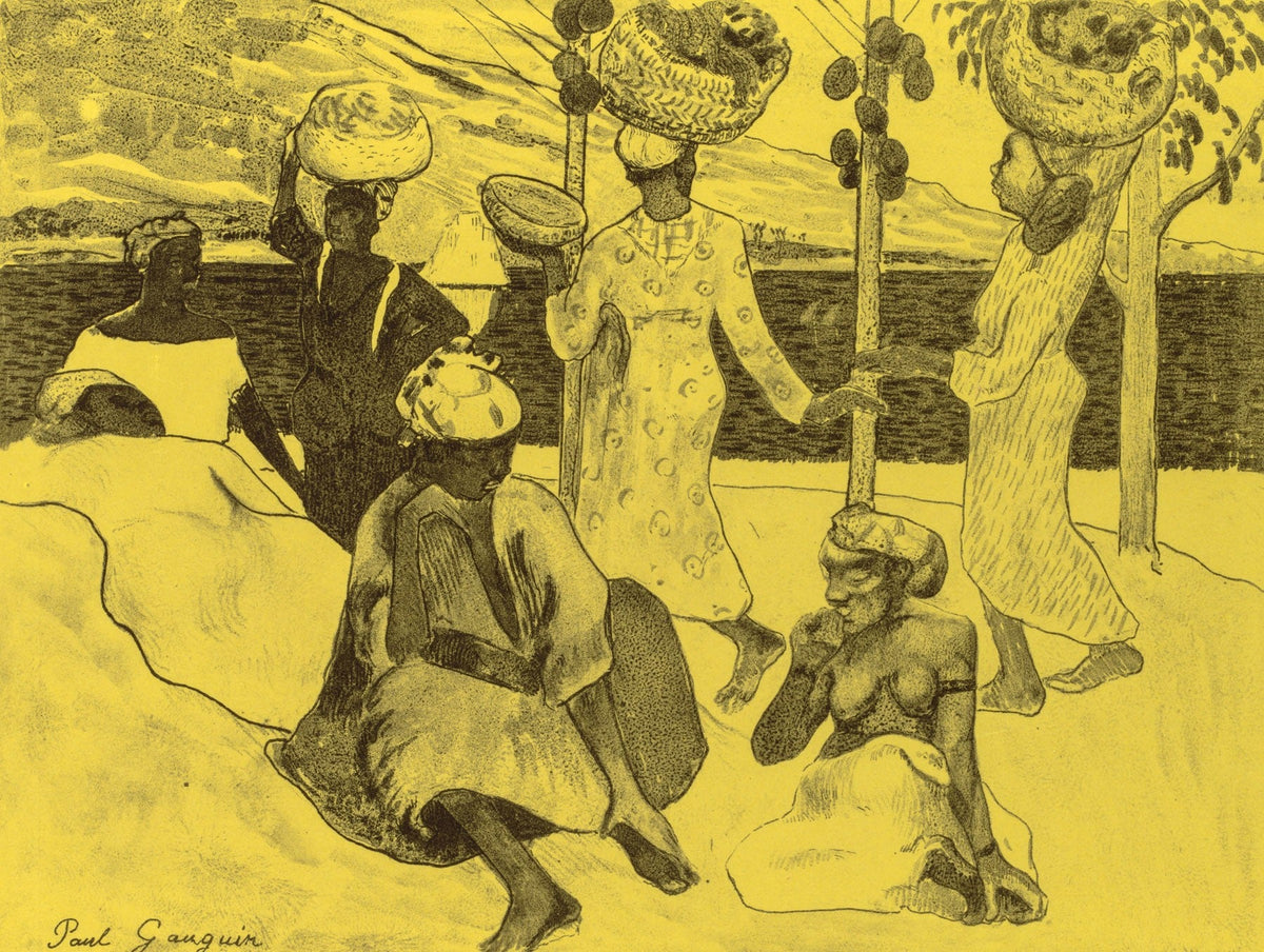 Large yellow and black Symbolist canvas print of The Grasshoppers and the Ants by Paul Gauguin